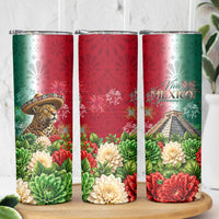 Viva Mexico Independence Day Skinny Tumbler Sombrero Jaguar Mayan Pyramid Fireworks