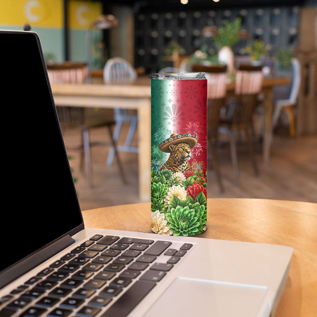 Viva Mexico Independence Day Skinny Tumbler Sombrero Jaguar Mayan Pyramid Fireworks