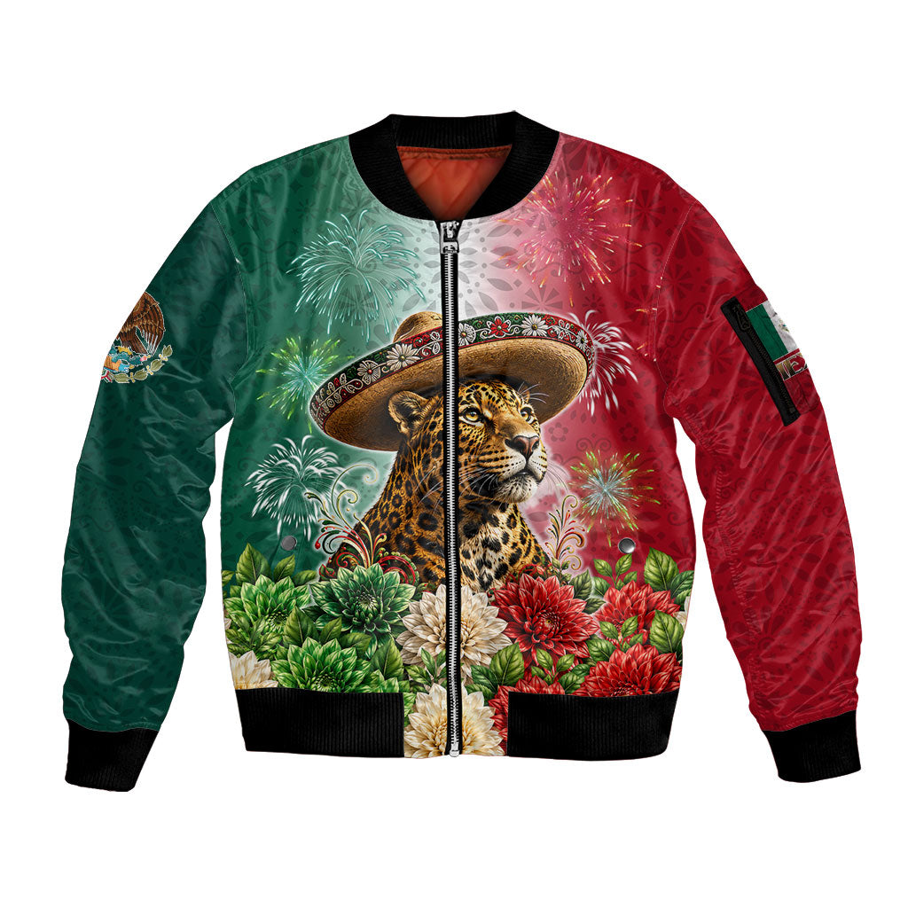 Viva Mexico Independence Day Sleeve Zip Bomber Jacket Sombrero Jaguar Mayan Pyramid Fireworks