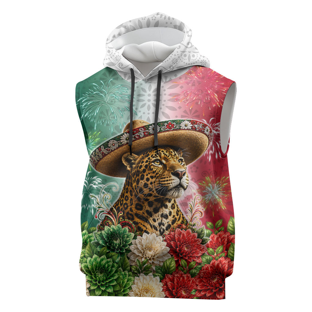 Viva Mexico Independence Day Sleeveless Hoodie Sombrero Jaguar Mayan Pyramid Fireworks