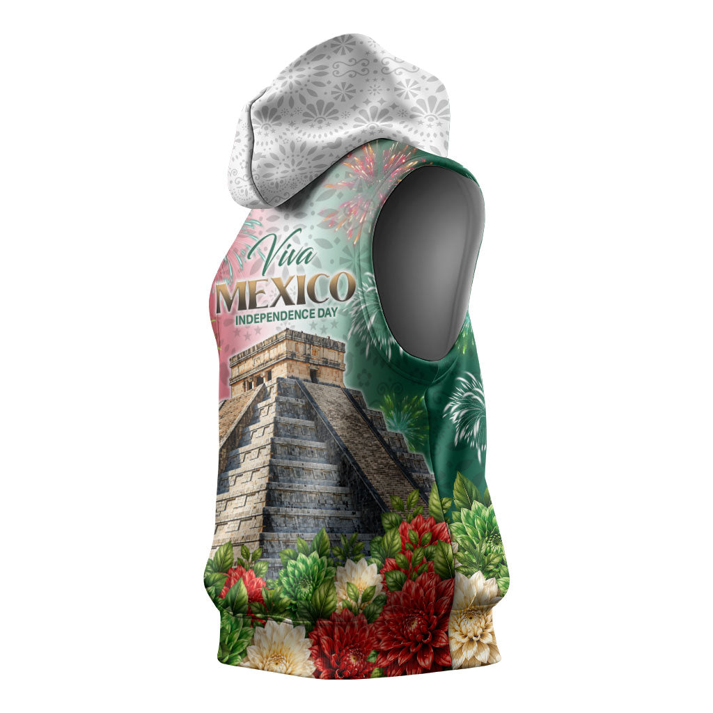 Viva Mexico Independence Day Sleeveless Hoodie Sombrero Jaguar Mayan Pyramid Fireworks