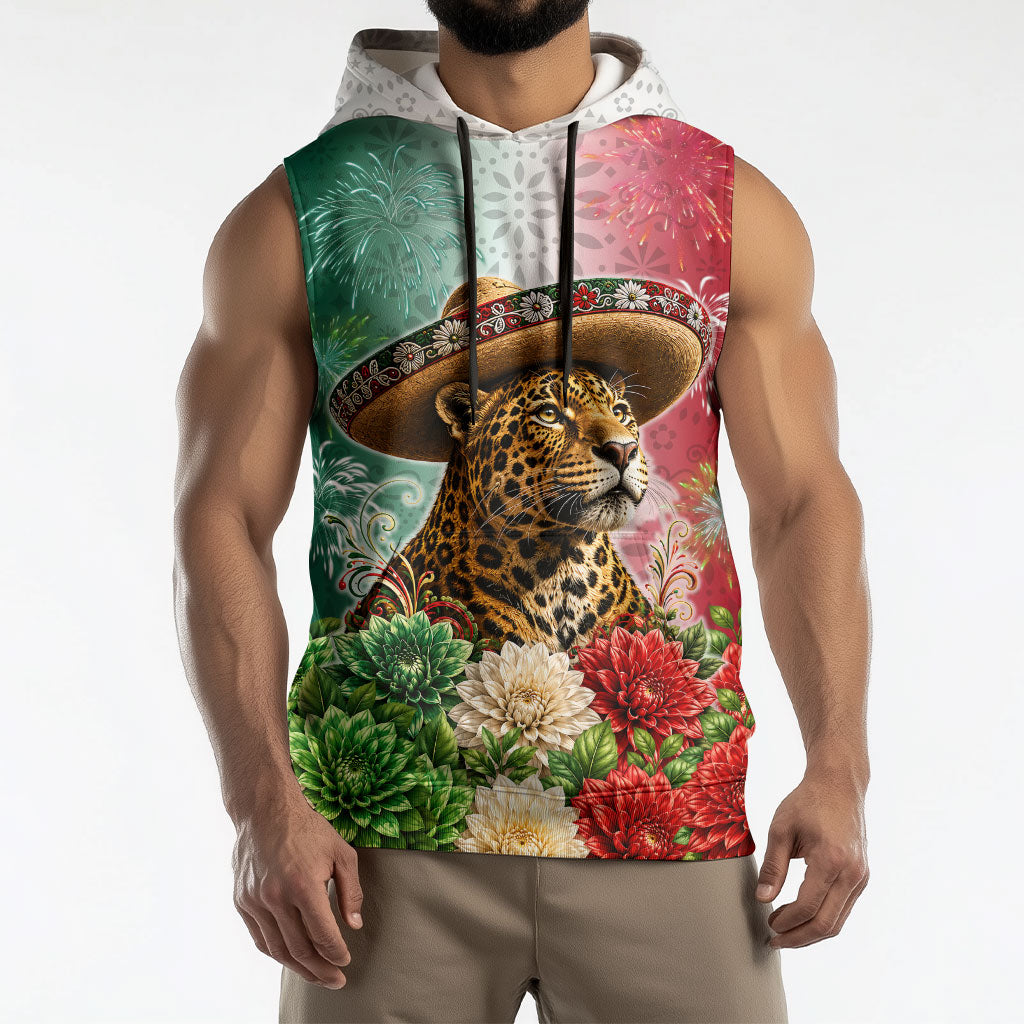 Viva Mexico Independence Day Sleeveless Hoodie Sombrero Jaguar Mayan Pyramid Fireworks