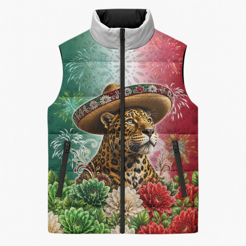 Viva Mexico Independence Day Sleeveless Puffer Jacket Sombrero Jaguar Mayan Pyramid Fireworks