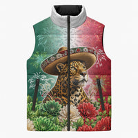 Viva Mexico Independence Day Sleeveless Puffer Jacket Sombrero Jaguar Mayan Pyramid Fireworks