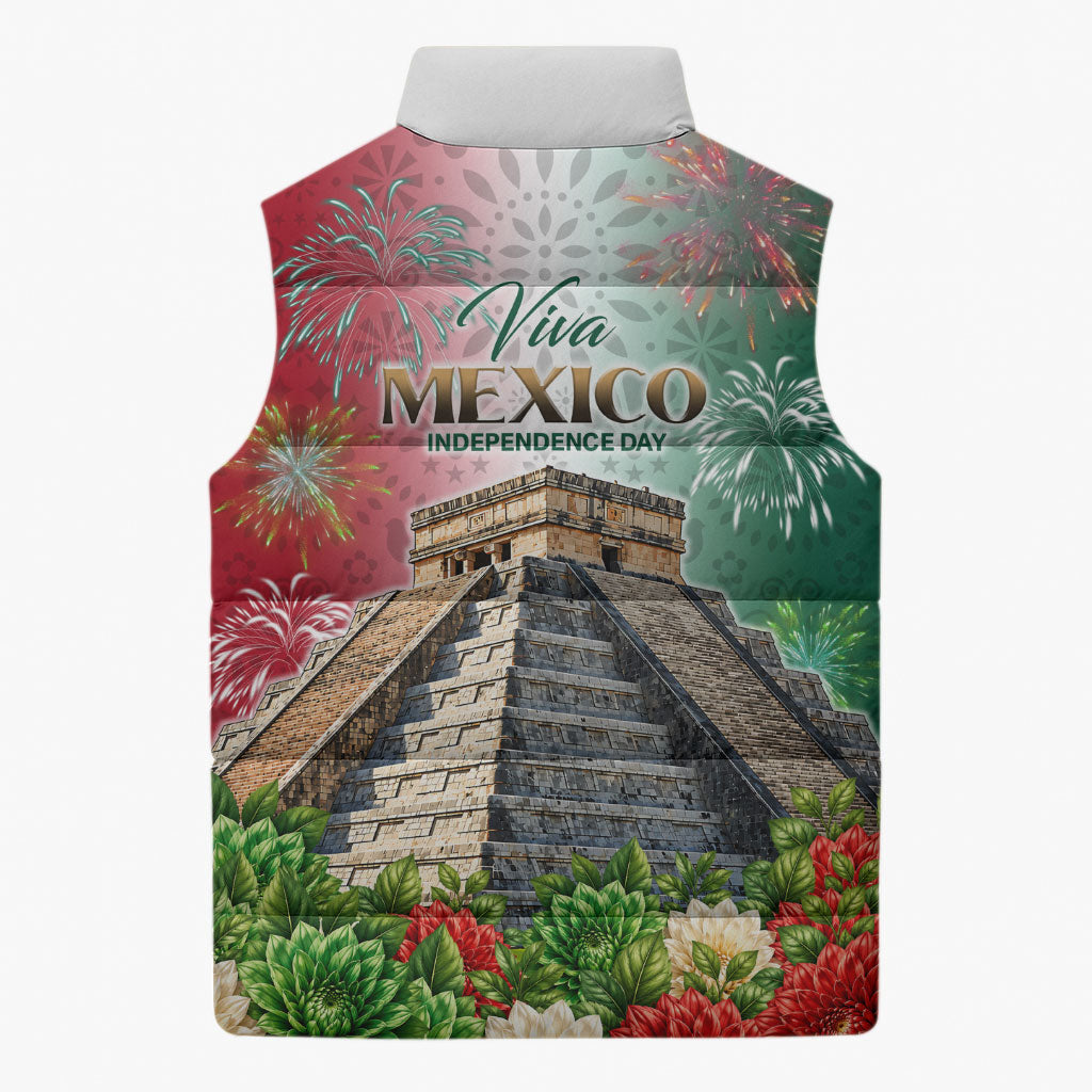 Viva Mexico Independence Day Sleeveless Puffer Jacket Sombrero Jaguar Mayan Pyramid Fireworks