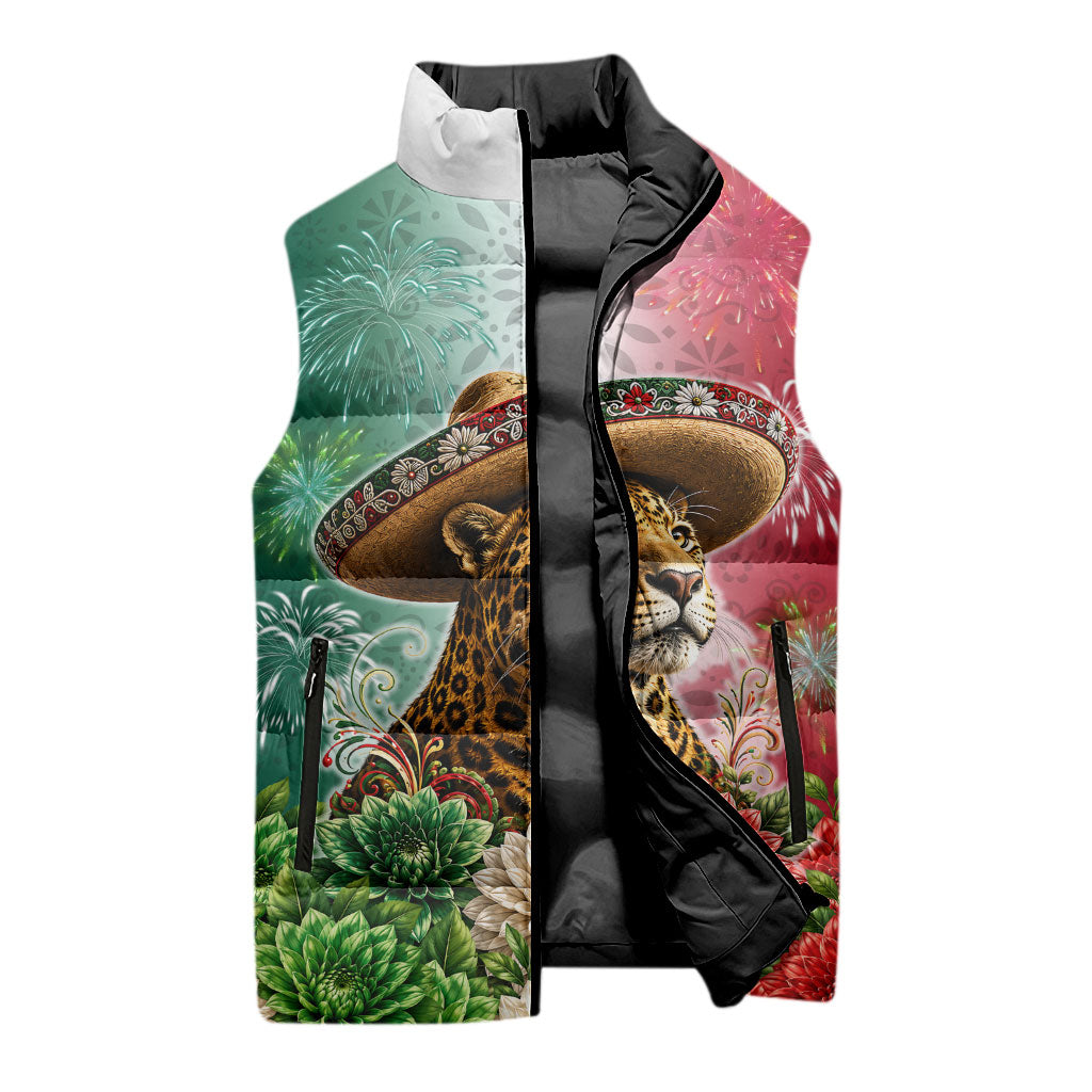 Viva Mexico Independence Day Sleeveless Puffer Jacket Sombrero Jaguar Mayan Pyramid Fireworks