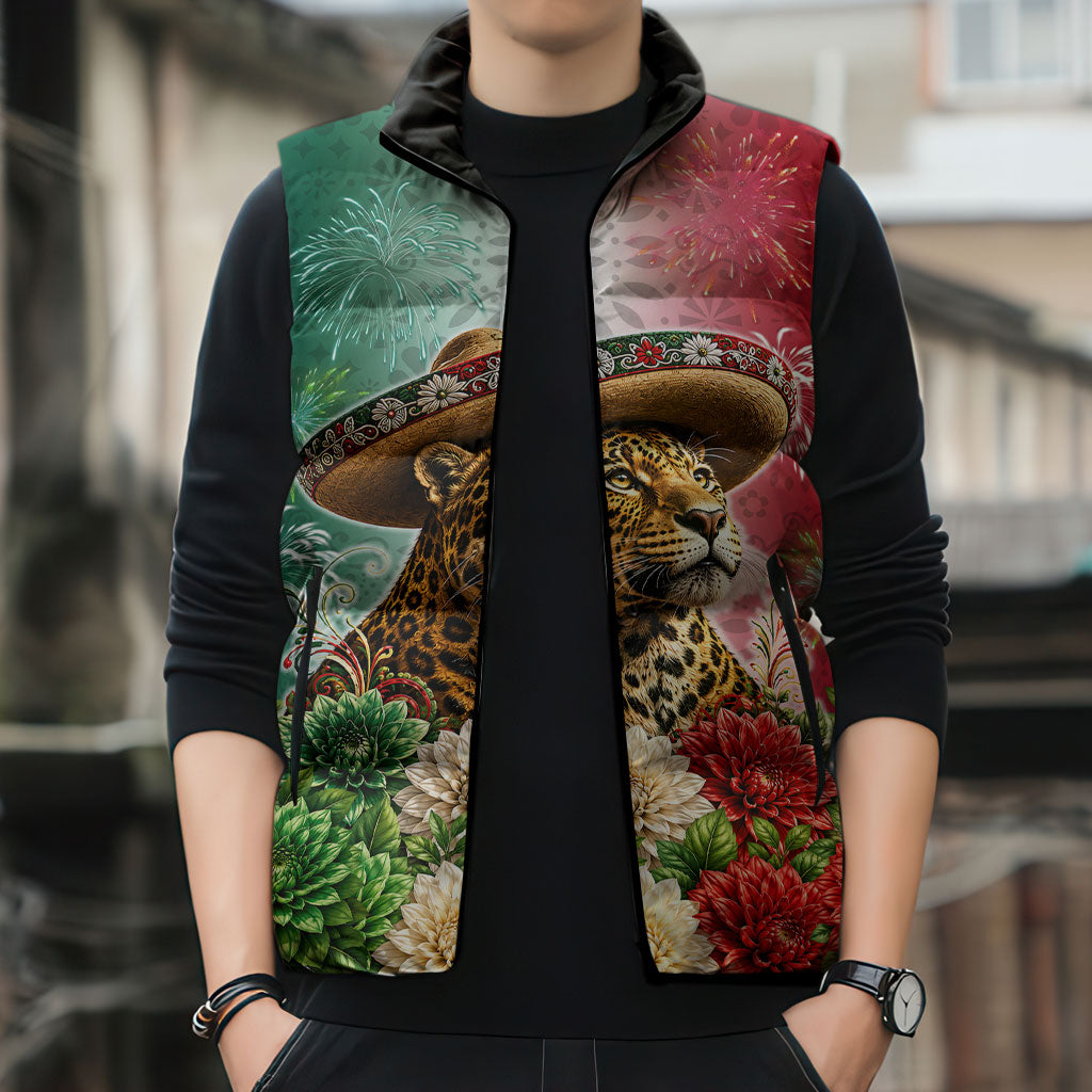Viva Mexico Independence Day Sleeveless Puffer Jacket Sombrero Jaguar Mayan Pyramid Fireworks