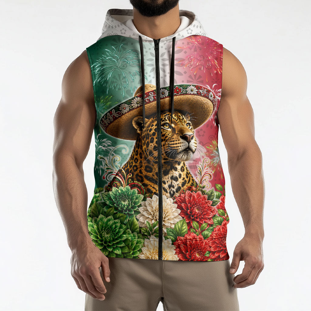 Viva Mexico Independence Day Sleeveless Zip Hoodie Sombrero Jaguar Mayan Pyramid Fireworks