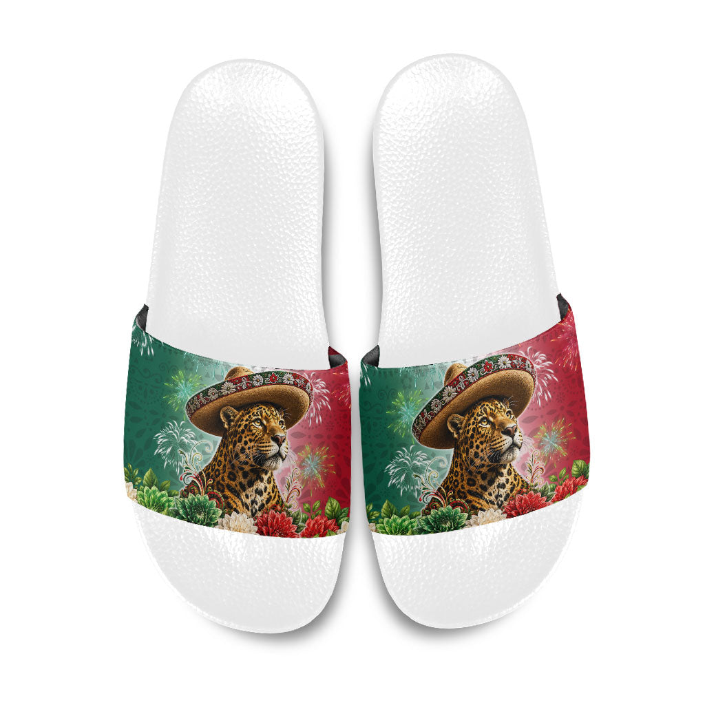 Viva Mexico Independence Day Slide Sandals Sombrero Jaguar Mayan Pyramid Fireworks