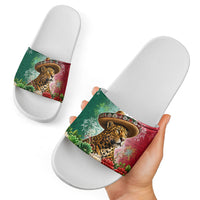 Viva Mexico Independence Day Slide Sandals Sombrero Jaguar Mayan Pyramid Fireworks