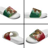 Viva Mexico Independence Day Slide Sandals Sombrero Jaguar Mayan Pyramid Fireworks