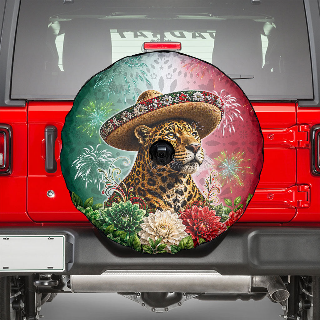 Viva Mexico Independence Day Spare Tire Cover Sombrero Jaguar Mayan Pyramid Fireworks