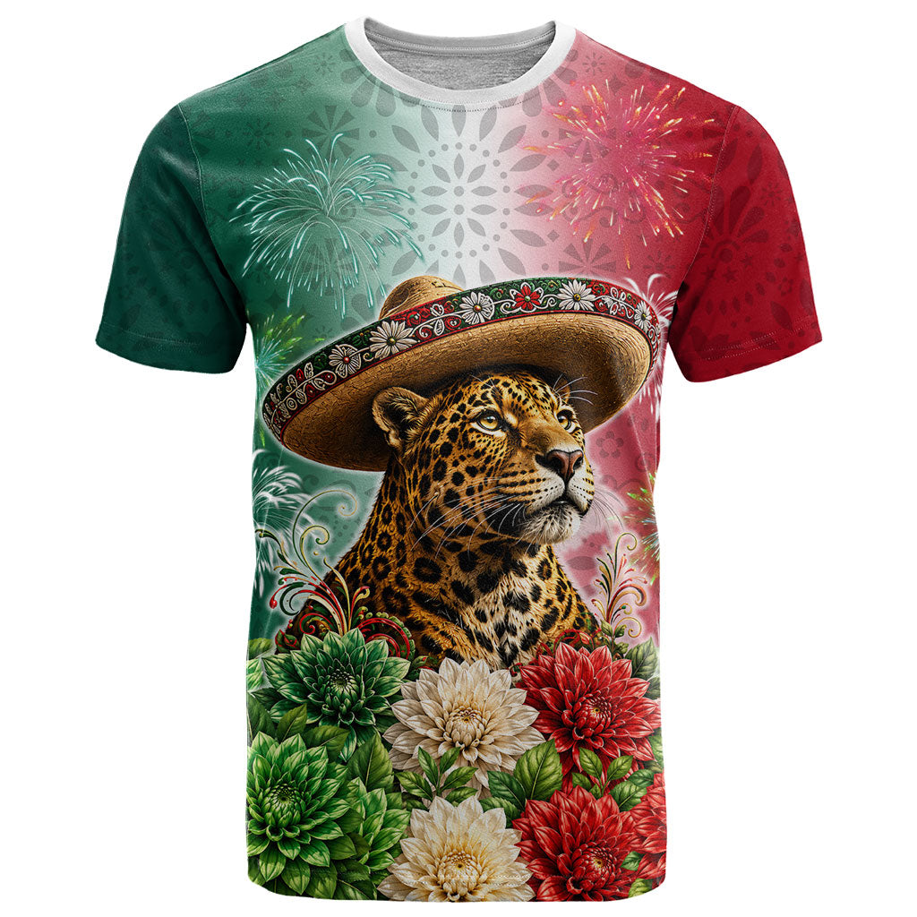 Viva Mexico Independence Day T Shirt Sombrero Jaguar Mayan Pyramid Fireworks