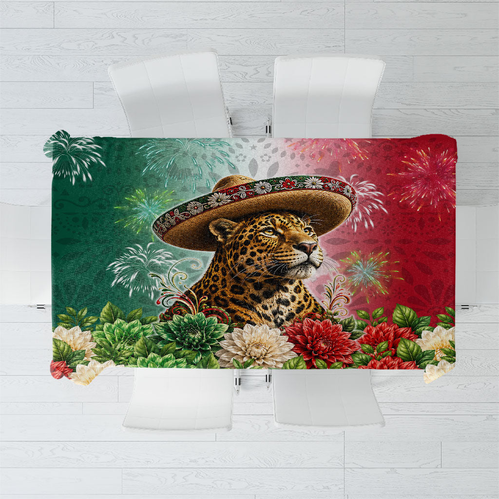 Viva Mexico Independence Day Tablecloth Sombrero Jaguar Mayan Pyramid Fireworks