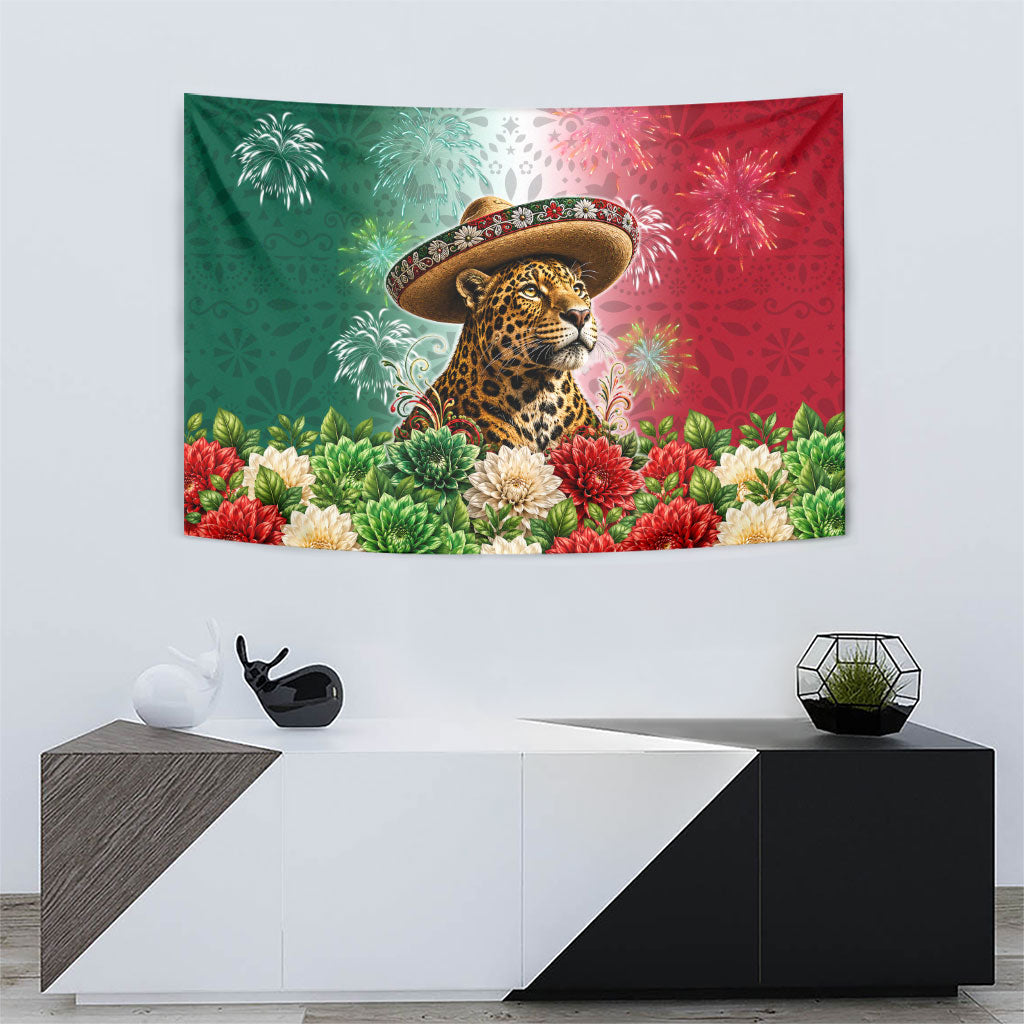 Viva Mexico Independence Day Tapestry Sombrero Jaguar Mayan Pyramid Fireworks