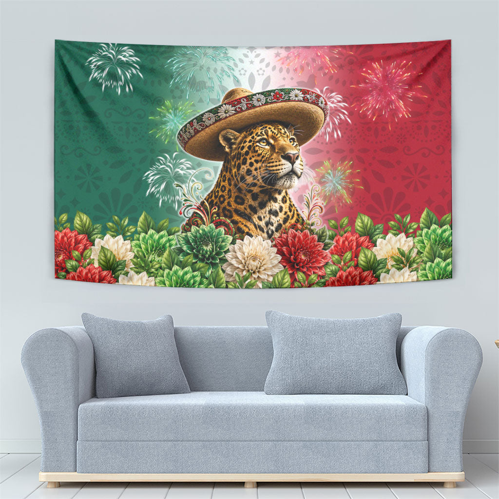 Viva Mexico Independence Day Tapestry Sombrero Jaguar Mayan Pyramid Fireworks