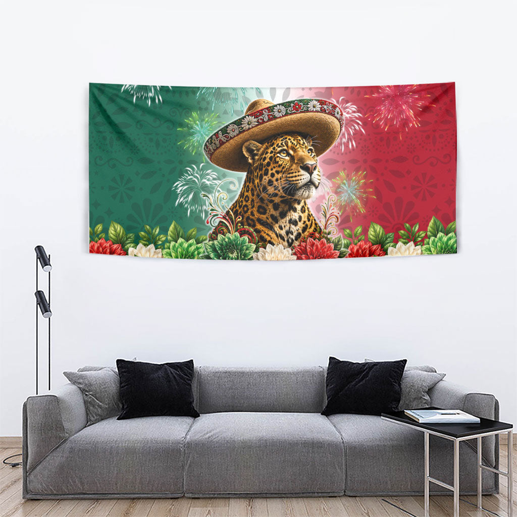 Viva Mexico Independence Day Tapestry Sombrero Jaguar Mayan Pyramid Fireworks
