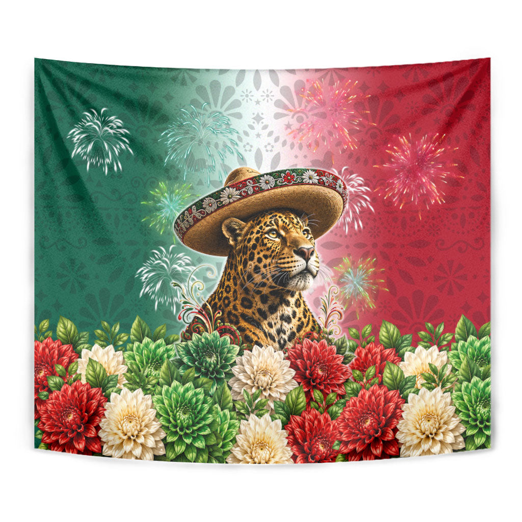 Viva Mexico Independence Day Tapestry Sombrero Jaguar Mayan Pyramid Fireworks
