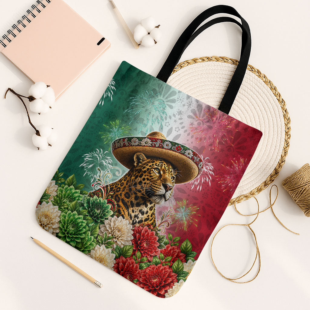 Viva Mexico Independence Day Tote Bag Sombrero Jaguar Mayan Pyramid Fireworks