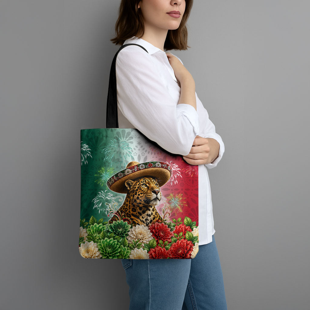Viva Mexico Independence Day Tote Bag Sombrero Jaguar Mayan Pyramid Fireworks