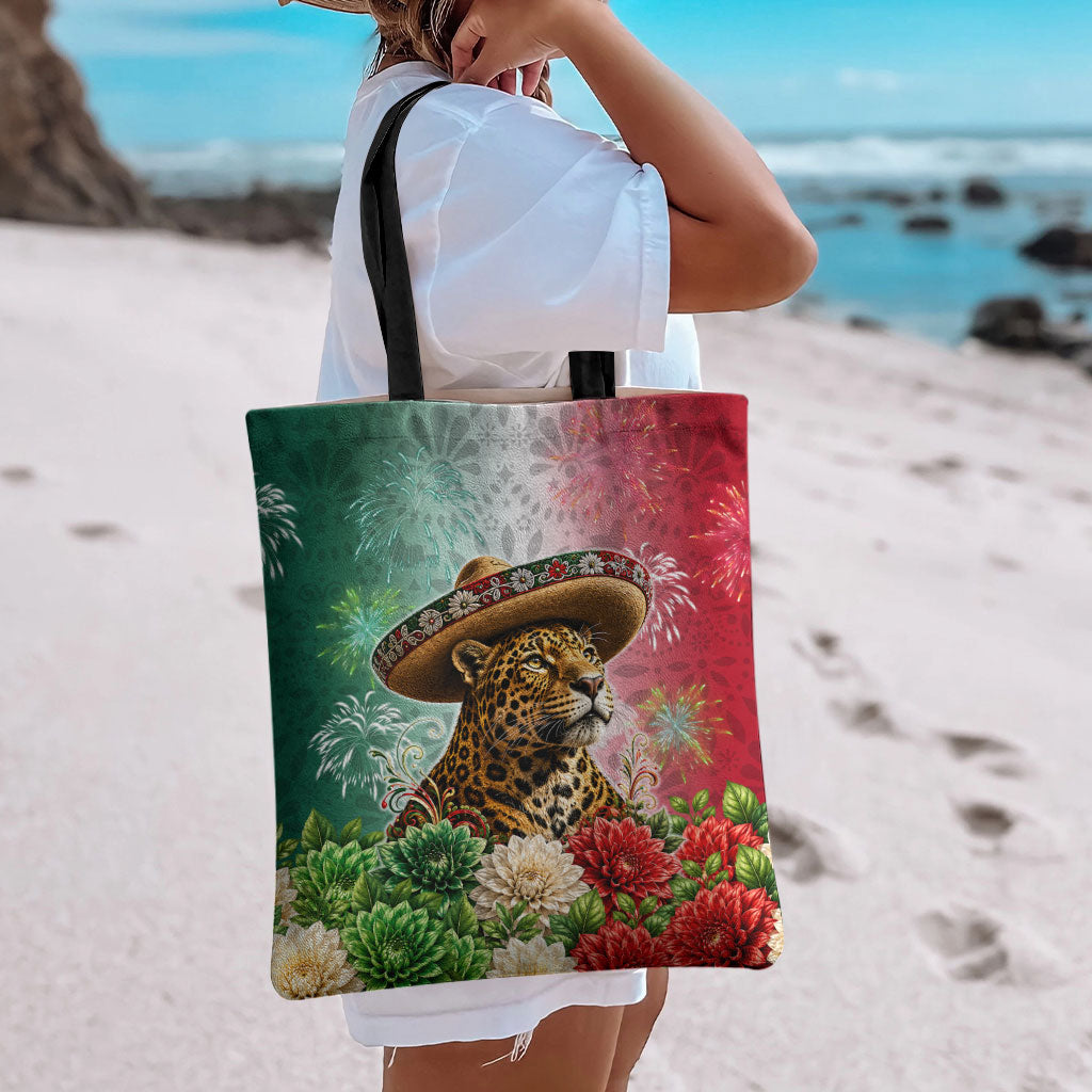 Viva Mexico Independence Day Tote Bag Sombrero Jaguar Mayan Pyramid Fireworks