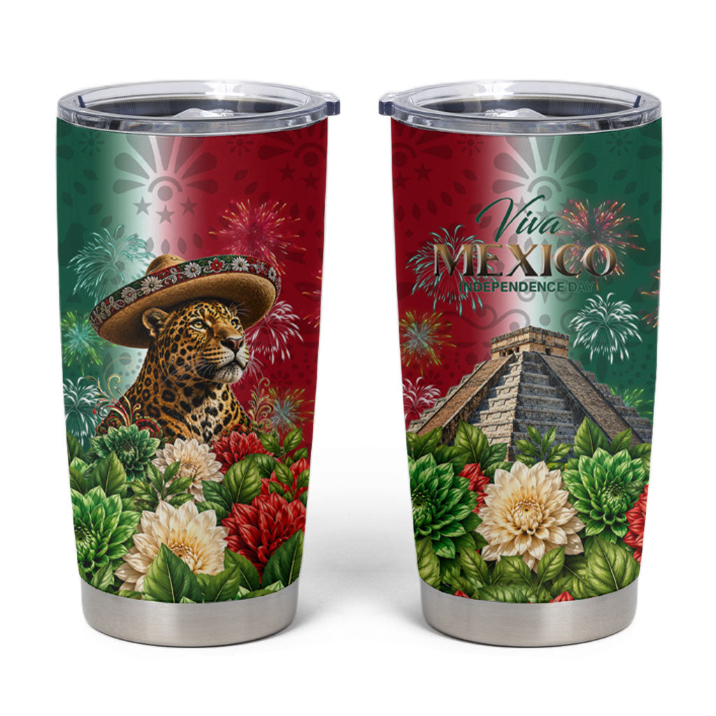 Viva Mexico Independence Day Tumbler Cup Sombrero Jaguar Mayan Pyramid Fireworks