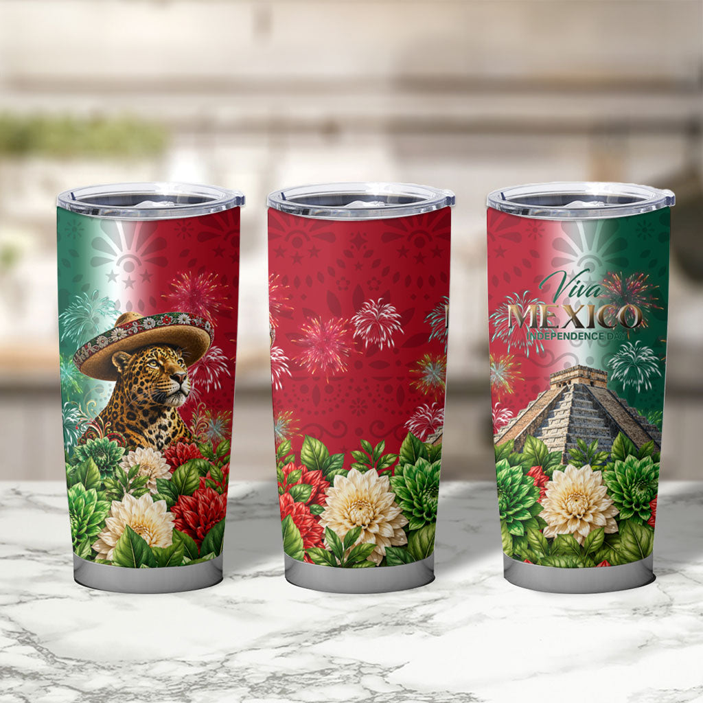 Viva Mexico Independence Day Tumbler Cup Sombrero Jaguar Mayan Pyramid Fireworks