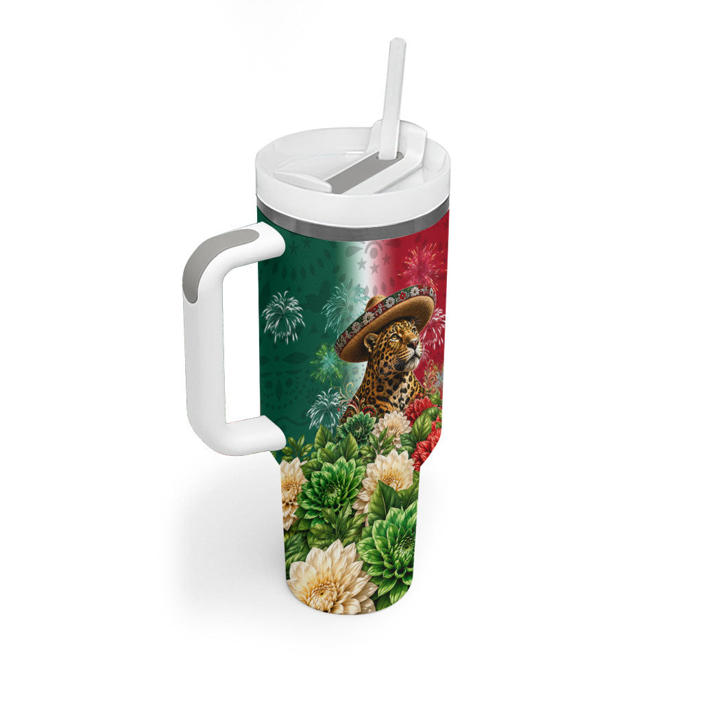 Viva Mexico Independence Day Tumbler With Handle Sombrero Jaguar Mayan Pyramid Fireworks