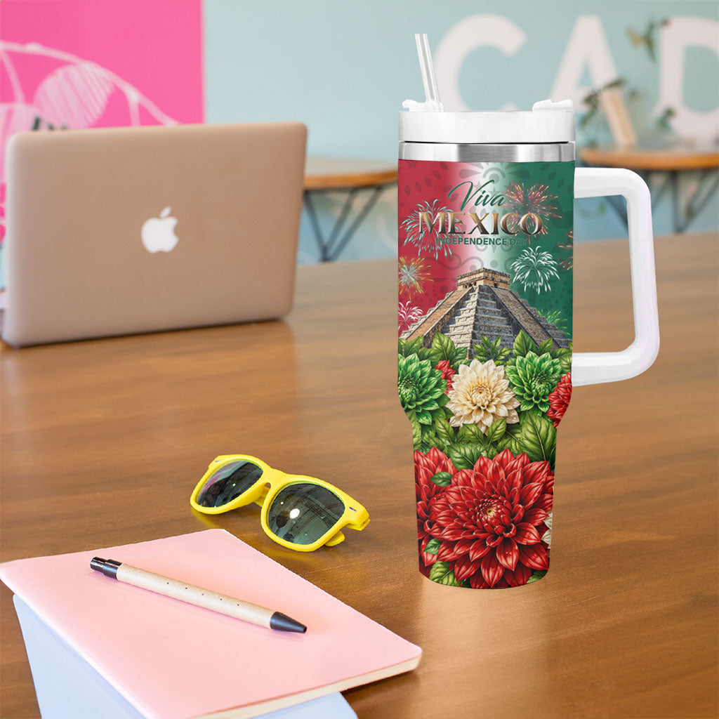 Viva Mexico Independence Day Tumbler With Handle Sombrero Jaguar Mayan Pyramid Fireworks