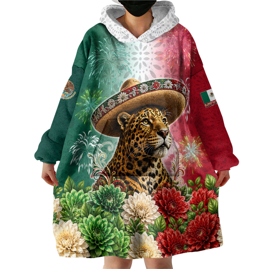 Viva Mexico Independence Day Wearable Blanket Hoodie Sombrero Jaguar Mayan Pyramid Fireworks