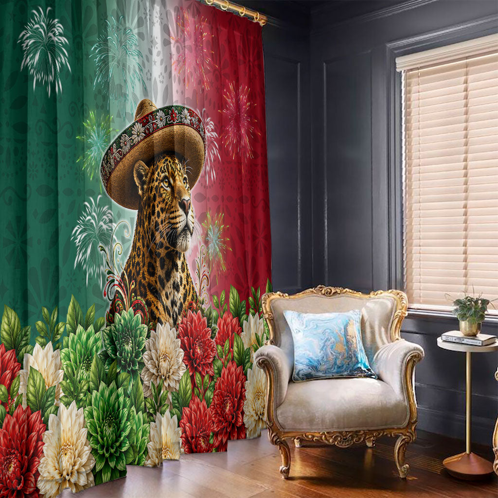 Viva Mexico Independence Day Window Curtain Sombrero Jaguar Mayan Pyramid Fireworks