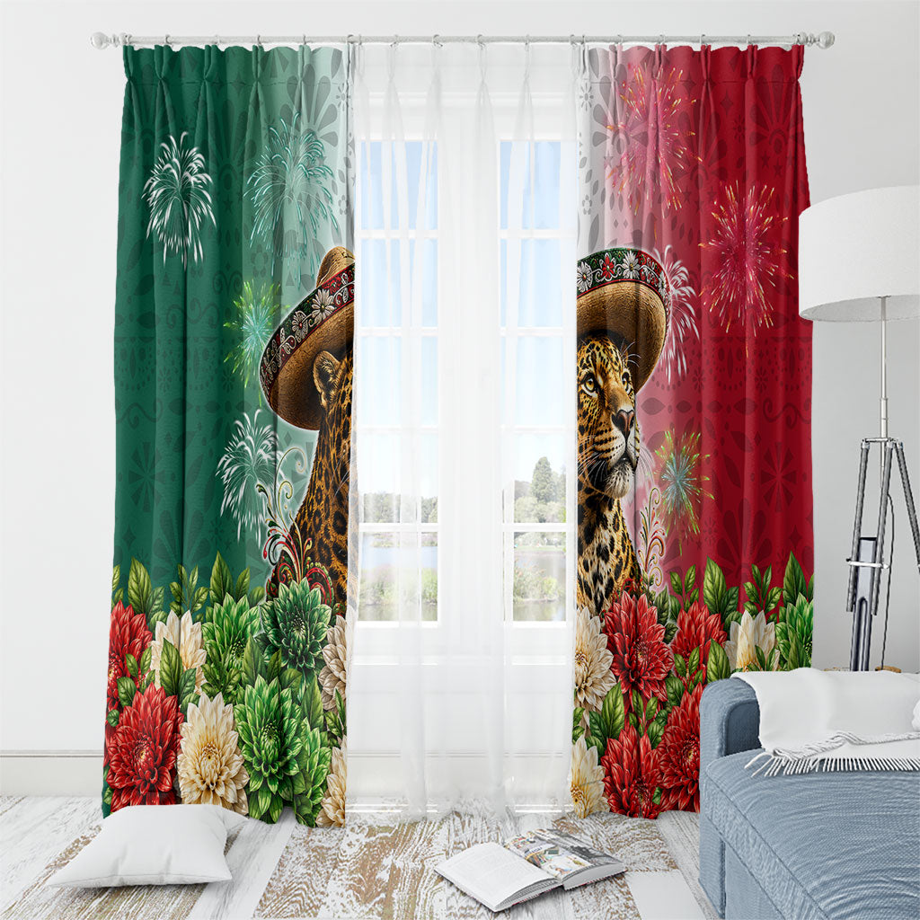 Viva Mexico Independence Day Window Curtain Sombrero Jaguar Mayan Pyramid Fireworks
