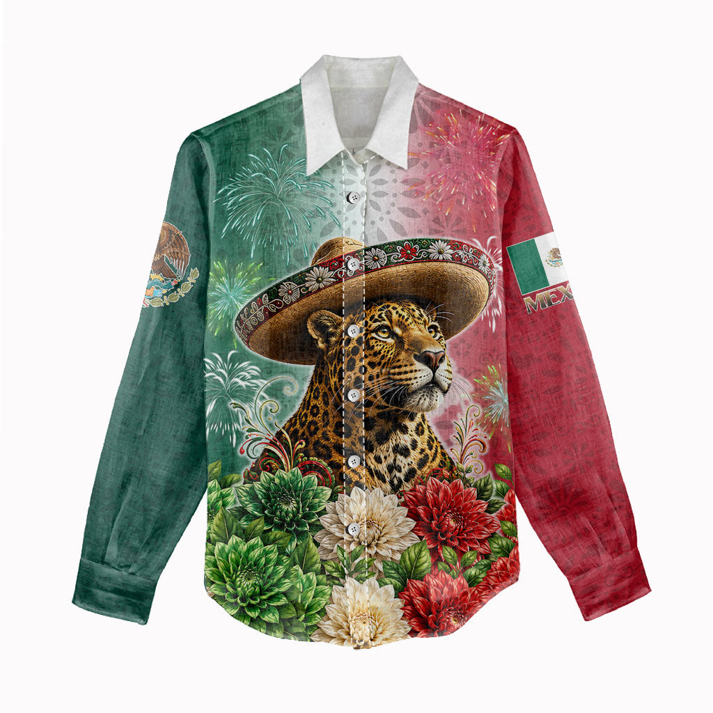Viva Mexico Independence Day Women Casual Shirt Sombrero Jaguar Mayan Pyramid Fireworks