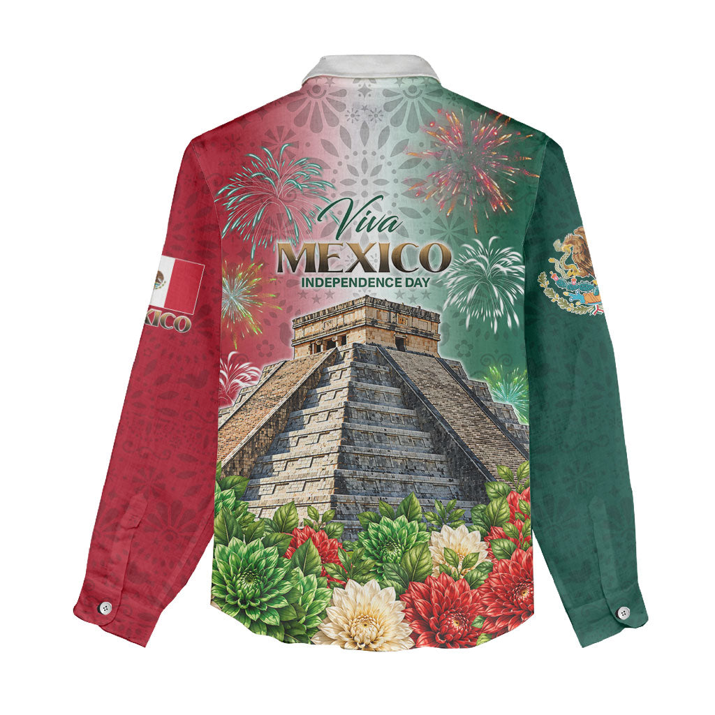Viva Mexico Independence Day Women Casual Shirt Sombrero Jaguar Mayan Pyramid Fireworks