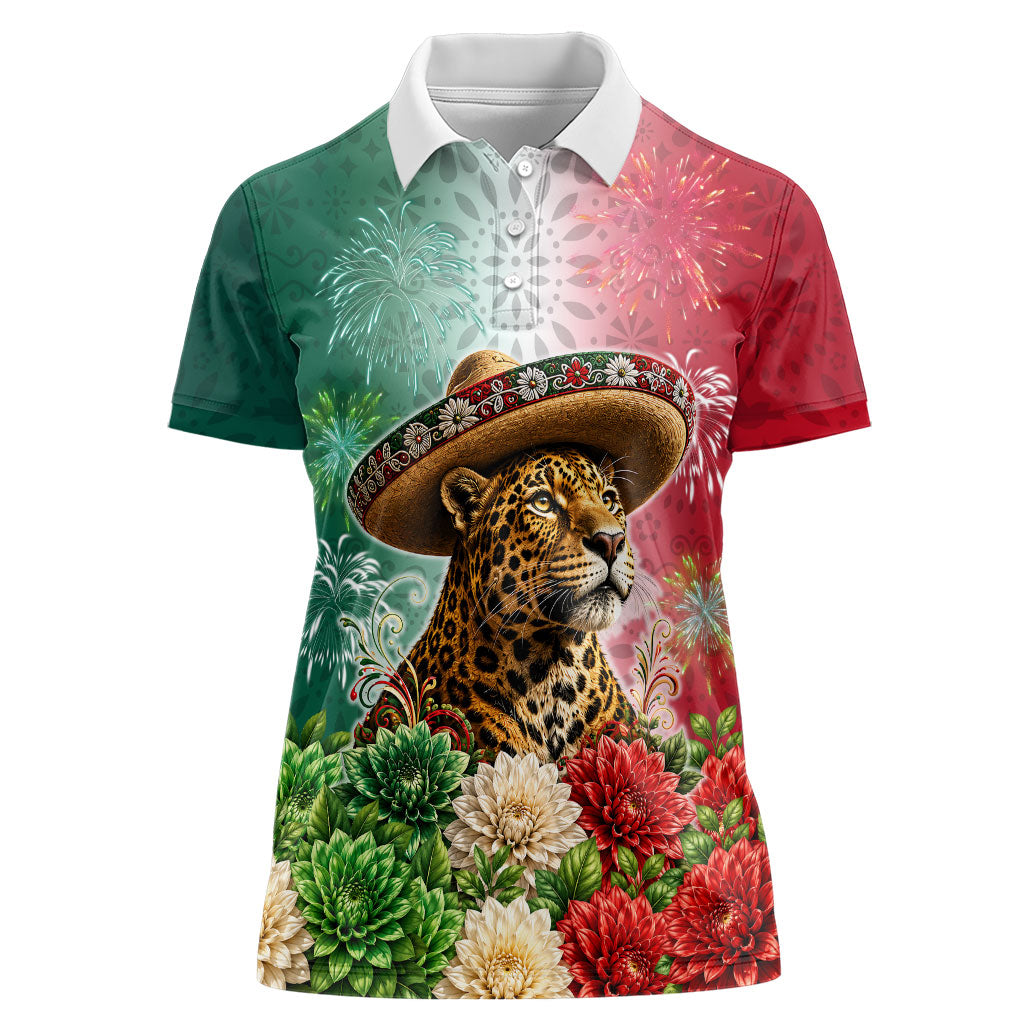 Viva Mexico Independence Day Women Polo Shirt Sombrero Jaguar Mayan Pyramid Fireworks