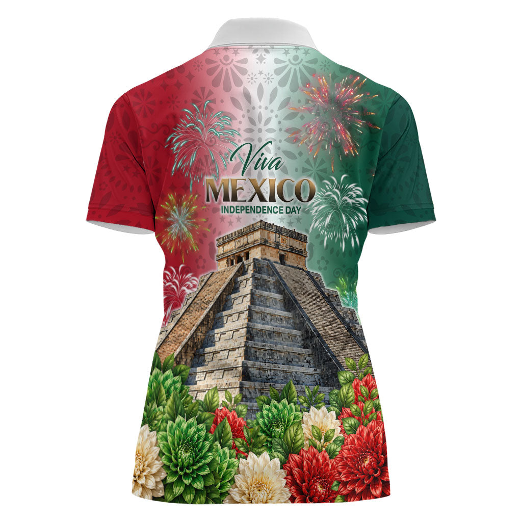 Viva Mexico Independence Day Women Polo Shirt Sombrero Jaguar Mayan Pyramid Fireworks
