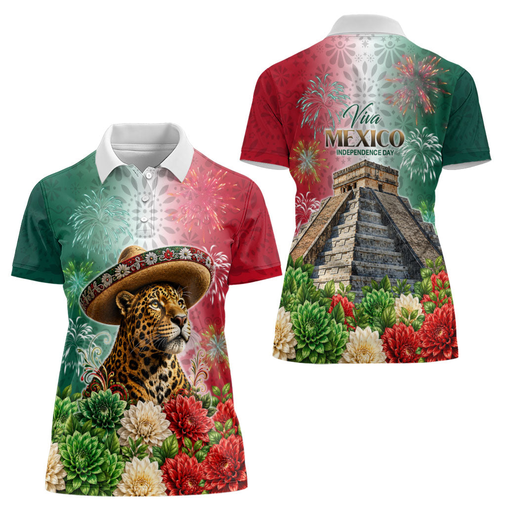 Viva Mexico Independence Day Women Polo Shirt Sombrero Jaguar Mayan Pyramid Fireworks