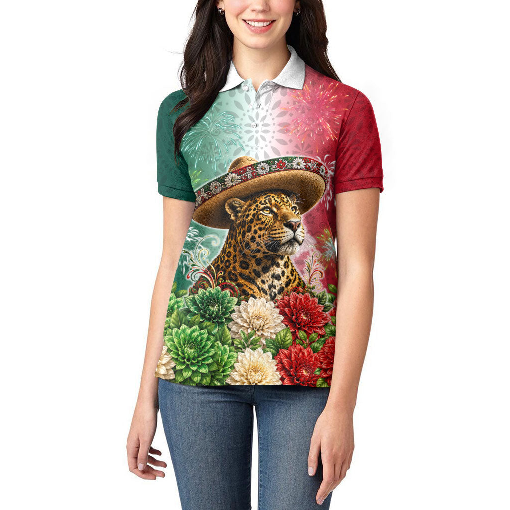 Viva Mexico Independence Day Women Polo Shirt Sombrero Jaguar Mayan Pyramid Fireworks