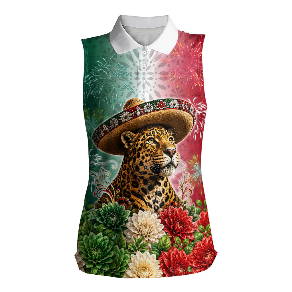 Viva Mexico Independence Day Women Sleeveless Polo Shirt Sombrero Jaguar Mayan Pyramid Fireworks