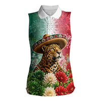 Viva Mexico Independence Day Women Sleeveless Polo Shirt Sombrero Jaguar Mayan Pyramid Fireworks