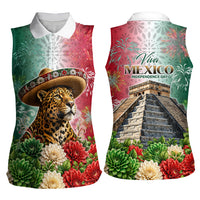Viva Mexico Independence Day Women Sleeveless Polo Shirt Sombrero Jaguar Mayan Pyramid Fireworks