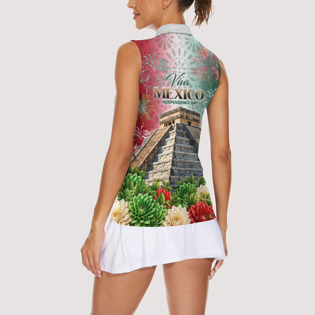 Viva Mexico Independence Day Women Sleeveless Polo Shirt Sombrero Jaguar Mayan Pyramid Fireworks