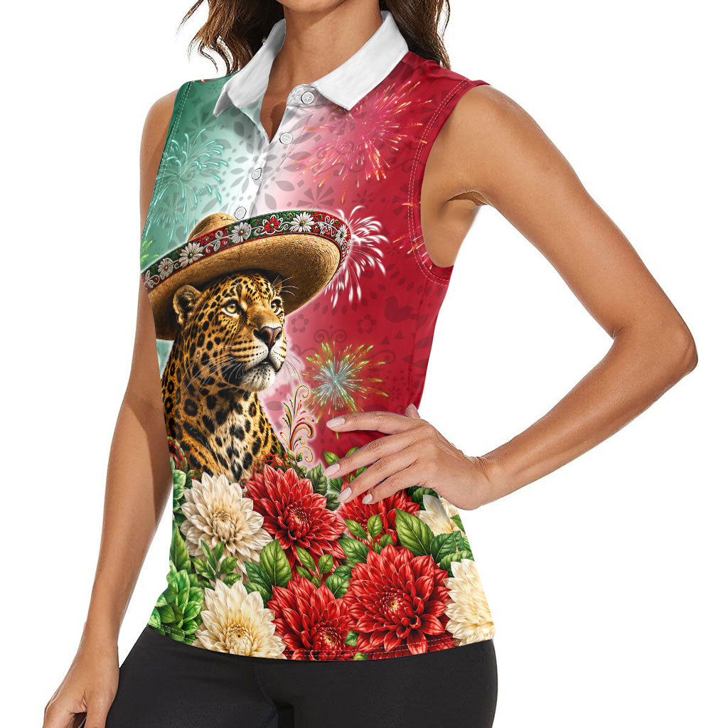 Viva Mexico Independence Day Women Sleeveless Polo Shirt Sombrero Jaguar Mayan Pyramid Fireworks