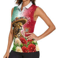 Viva Mexico Independence Day Women Sleeveless Polo Shirt Sombrero Jaguar Mayan Pyramid Fireworks