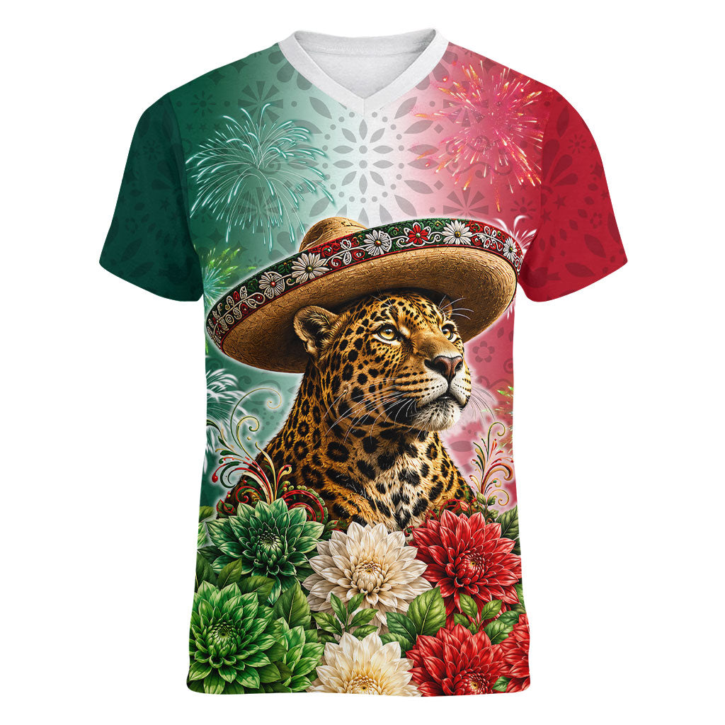 Viva Mexico Independence Day Women V-Neck T-Shirt Sombrero Jaguar Mayan Pyramid Fireworks