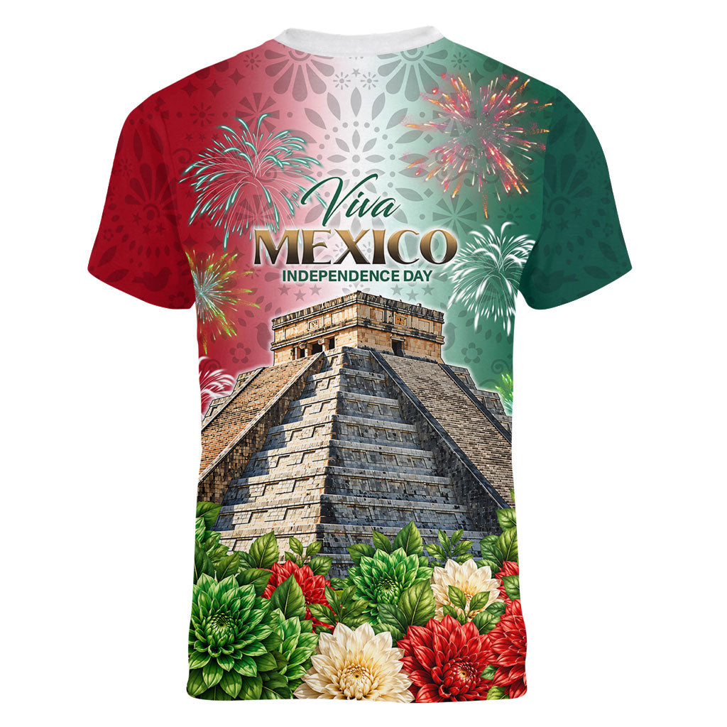 Viva Mexico Independence Day Women V-Neck T-Shirt Sombrero Jaguar Mayan Pyramid Fireworks