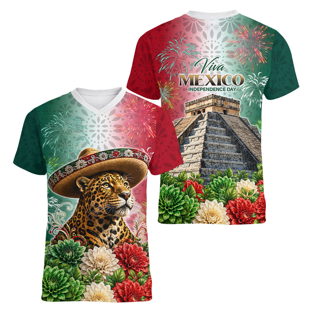 Viva Mexico Independence Day Women V-Neck T-Shirt Sombrero Jaguar Mayan Pyramid Fireworks