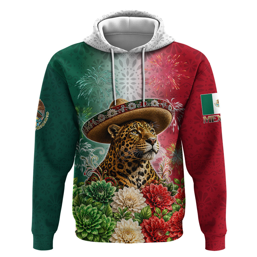 Viva Mexico Independence Day Zip Hoodie Sombrero Jaguar Mayan Pyramid Fireworks