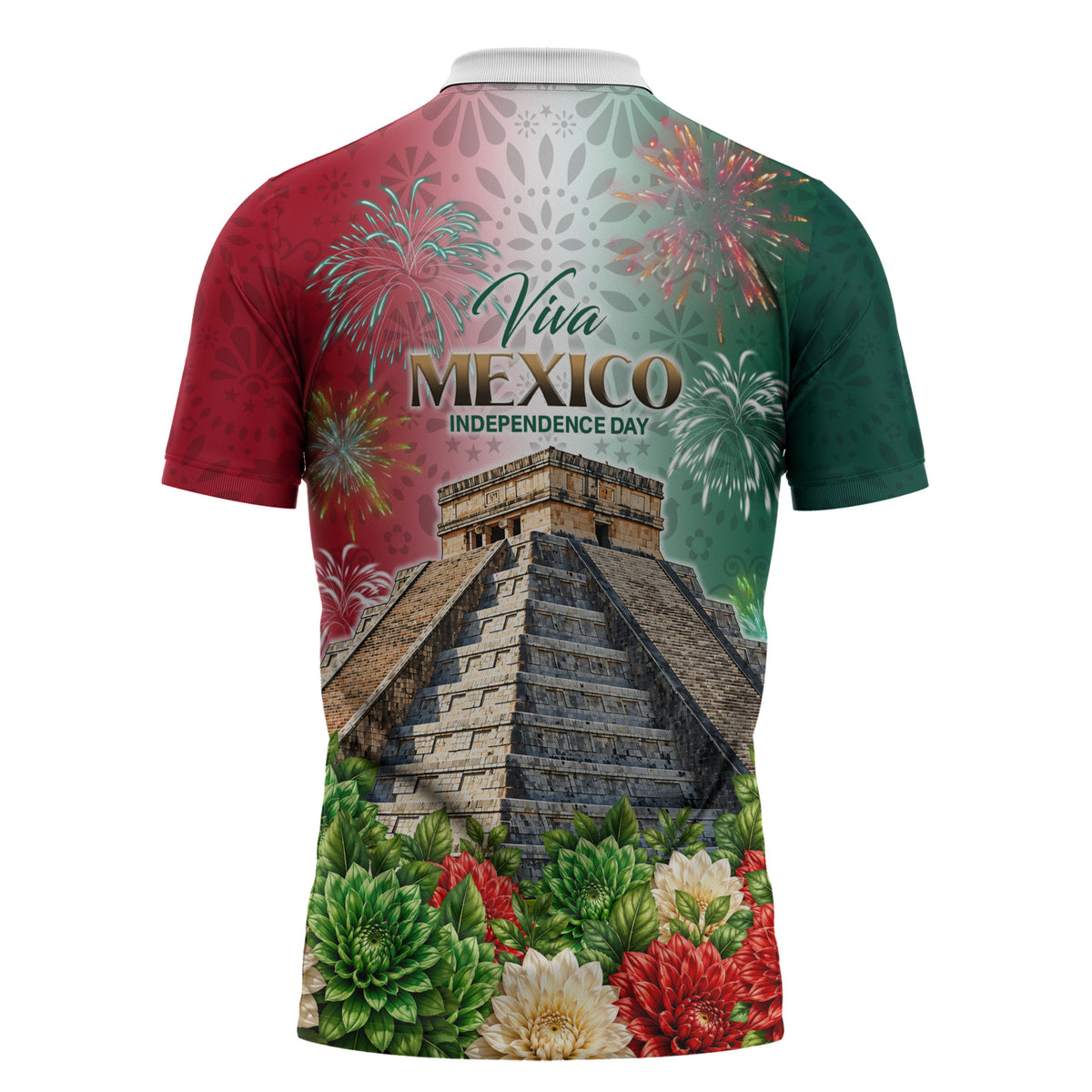 Viva Mexico Independence Day Zipper Polo Shirt Sombrero Jaguar Mayan Pyramid Fireworks