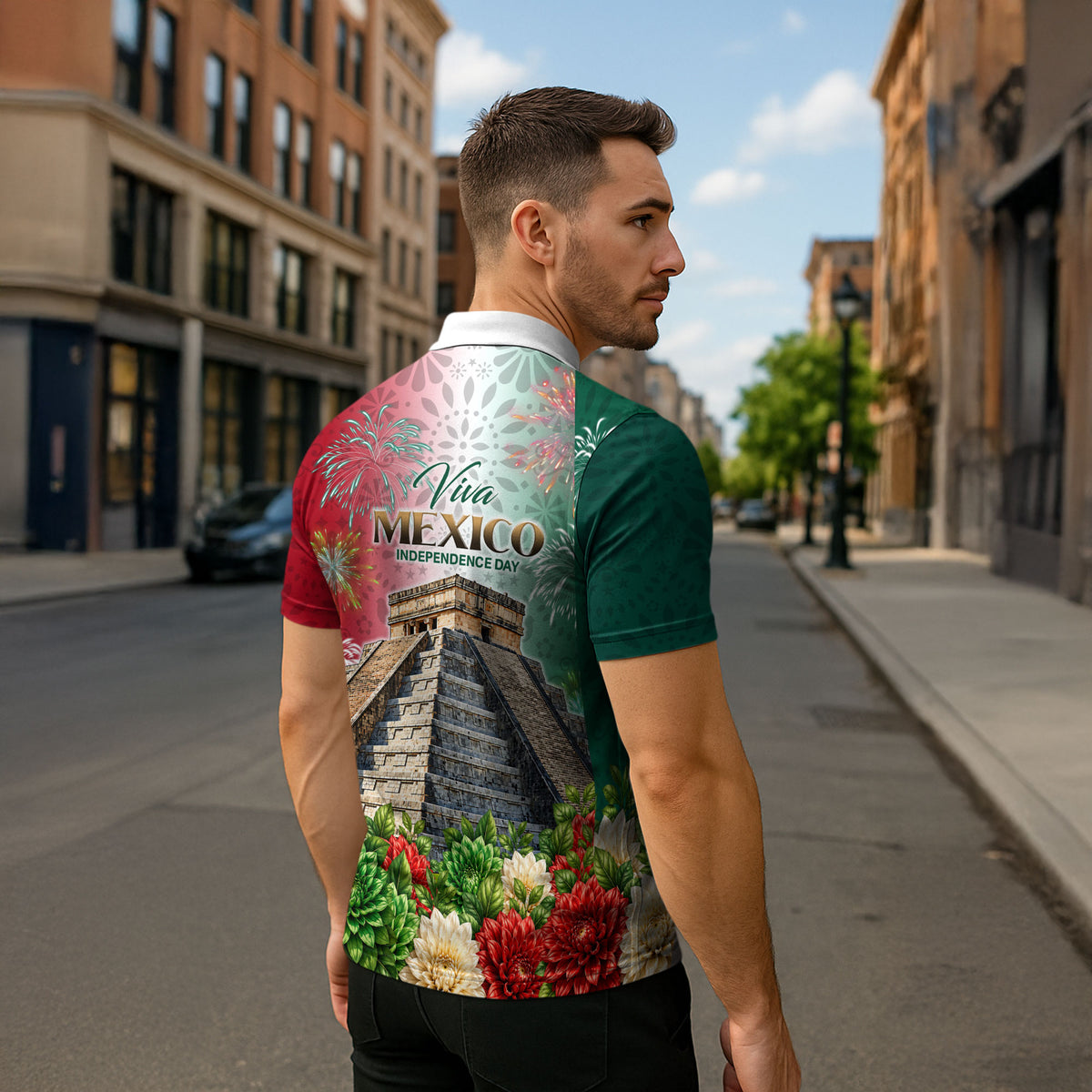 Viva Mexico Independence Day Zipper Polo Shirt Sombrero Jaguar Mayan Pyramid Fireworks